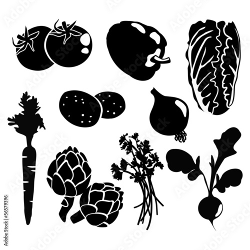 Fototapeta Ikony czarno na białym tle warzyw, sylwetki wektor