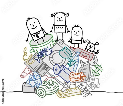 family on a pile of garbage
