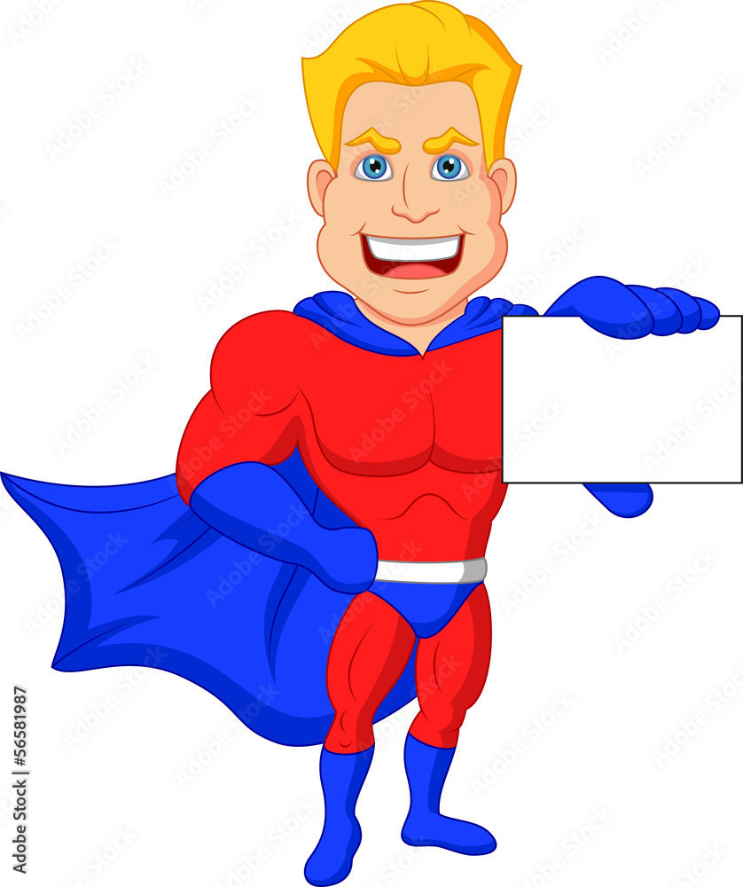Superhero cartoon holding name card Superhero cartoon holding name card