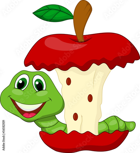 Worm eating red apple cartoon