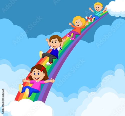 Illustration of Kids Sliding Down a Rainbow