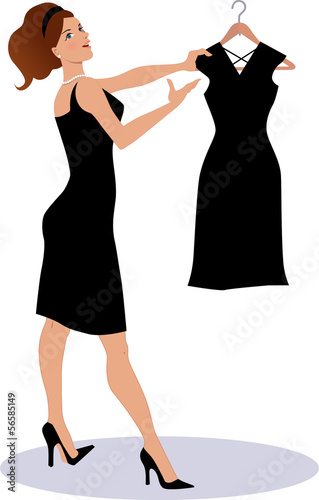 Saleswoman showing a little black dress on a hanger