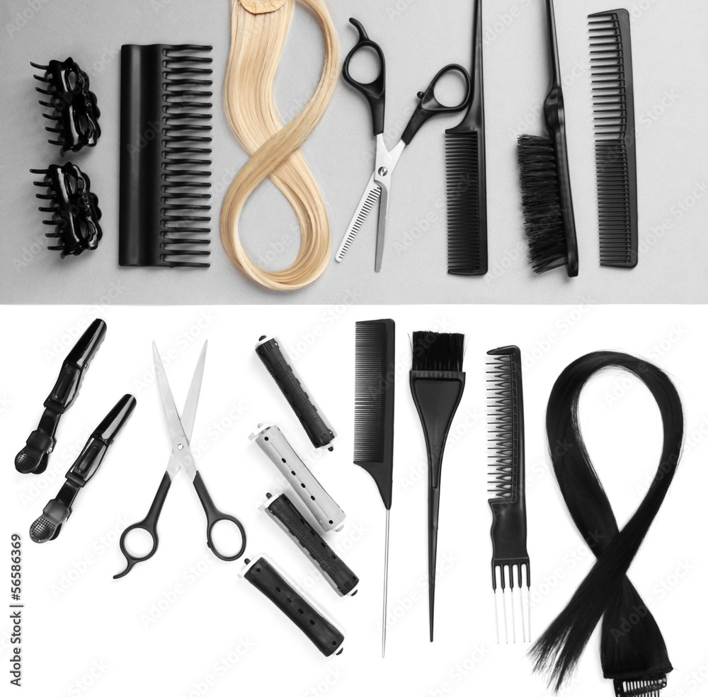 Professional hairdresser tools on white and gray background Professional hairdresser tools on white and gray background