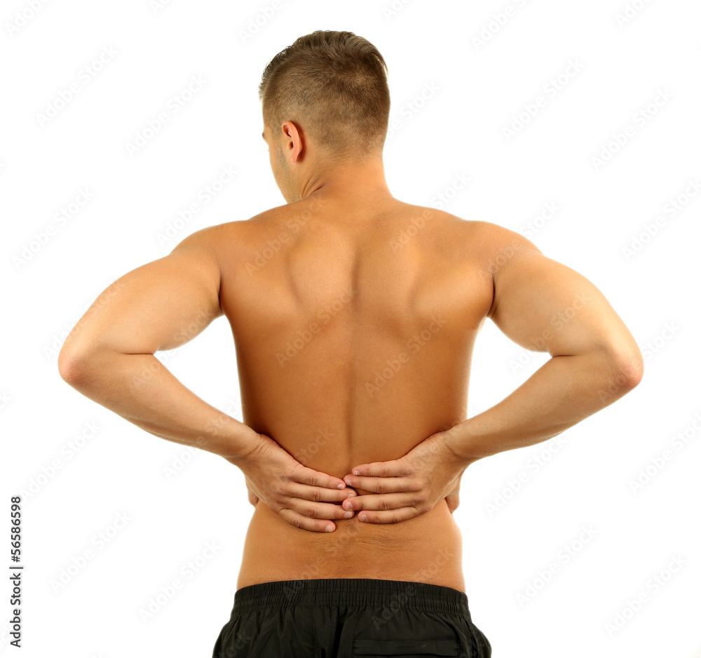 Young man with back pain, isolated on white Young man with back pain, isolated on white