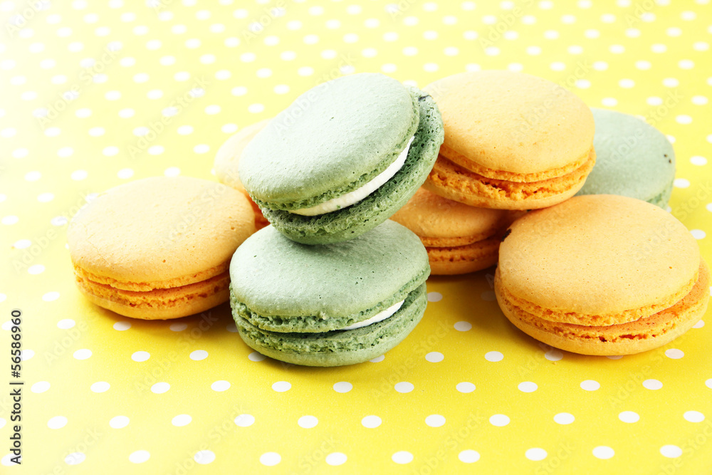 Fototapeta premium Gentle macaroons on table close-up