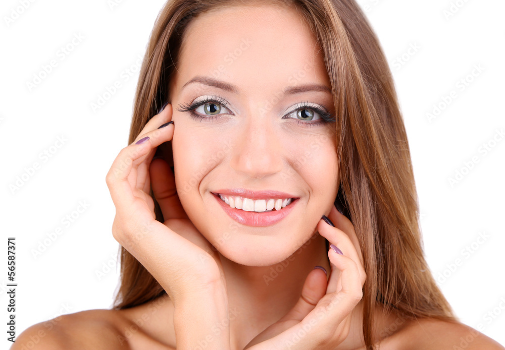 Beautiful girl with gentle makeup and glowing skin close-up Beautiful girl with gentle makeup and glowing skin close-up