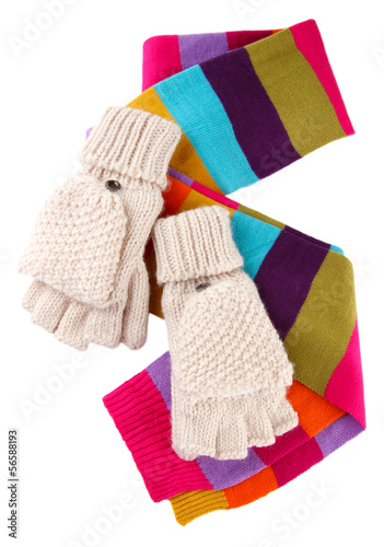 Wool fingerless gloves and multicolor scarf, isolated on white