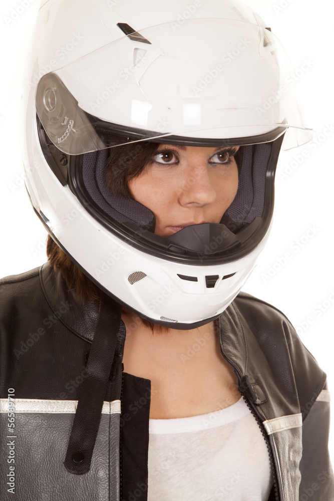 woman biker helmet look side