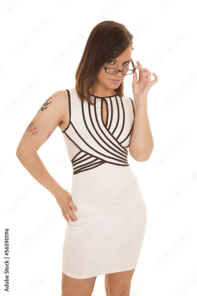 woman white dress black stripes glasses touch woman white dress black stripes glasses touch