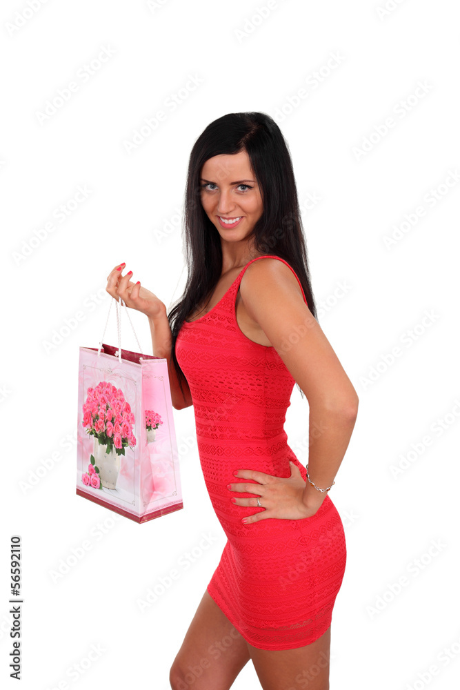 Piękna radosna dziewczyna z kolorową torebką na zakupy. - obrazy, fototapety, plakaty 