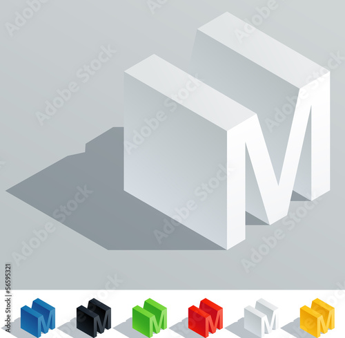 Solid colored letter in isometric view. Letter M