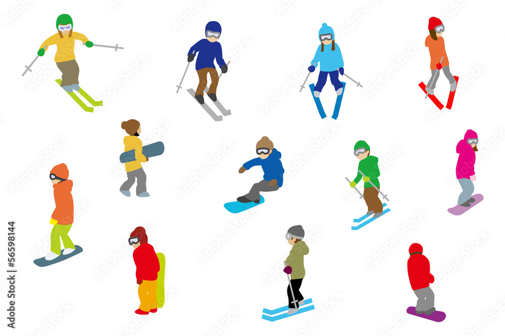 People playing winter sports, Isolated