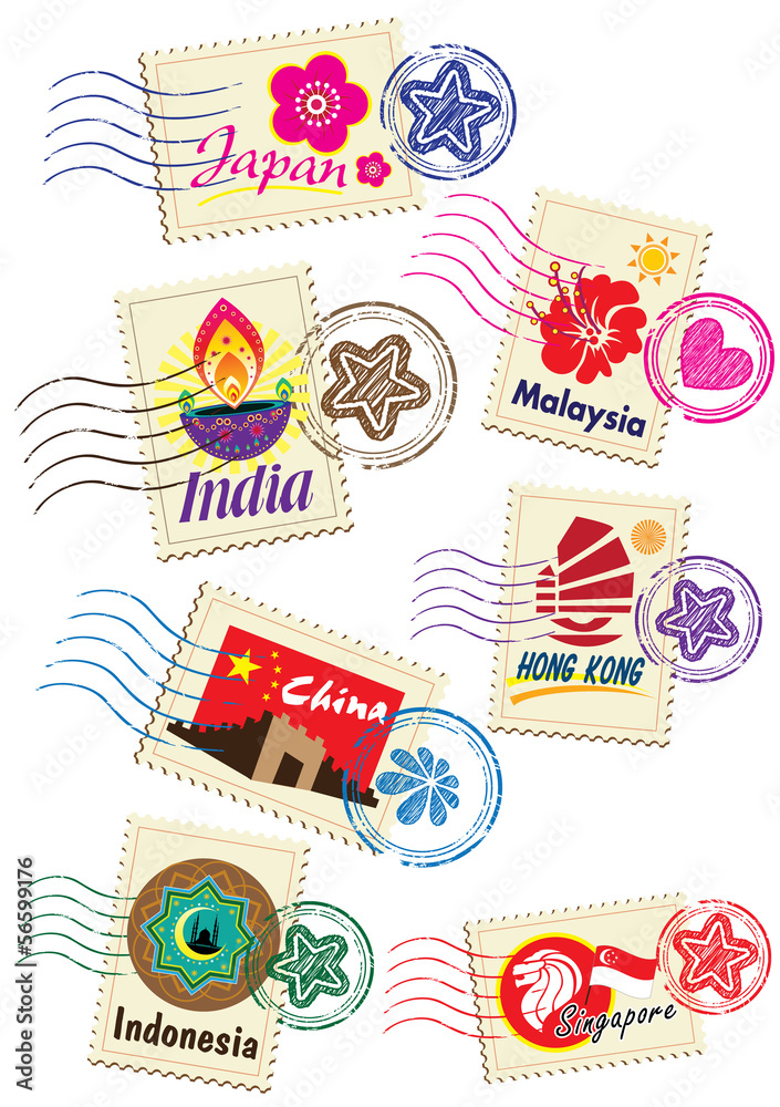 Asia country stamp icon set