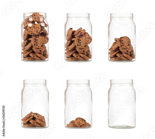 Photo Sequence of jar of cookies from full to empty isolated on white