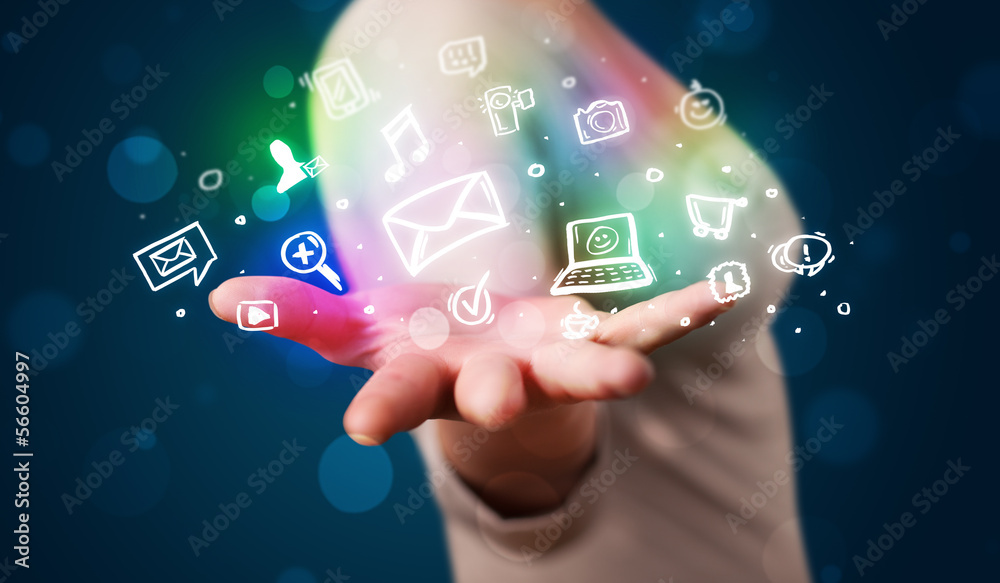 Obraz premium Young woman presenting colorful social media icons