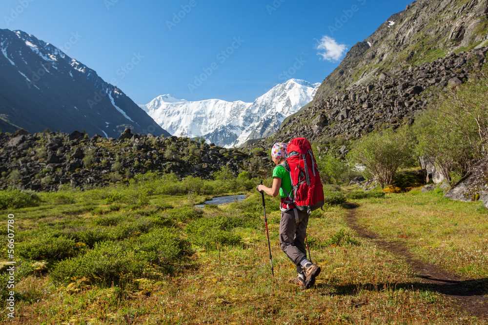 Hiker near Belukha Mountain, the highest in Siberia