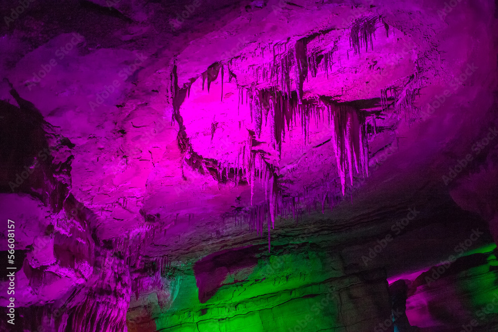 Sataplia cave in Georgia lit by different colors