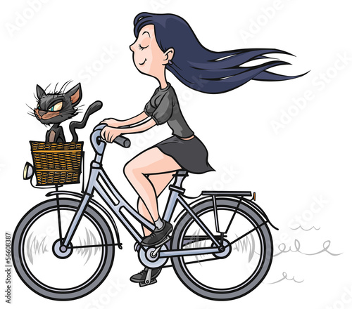Brunette girl with a black cat on bike.