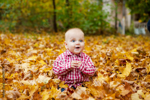 Child in red shirt sits in autumn park