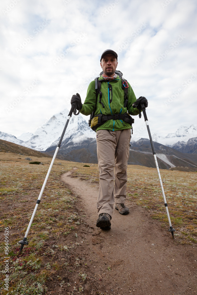 Hiker on the trek in Himalayas, Khumbu valley, Nepal