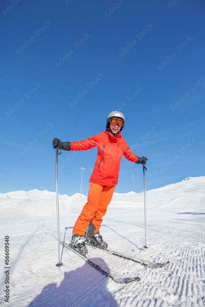 Skier is posing at camera at Gudauri resort in high mountaing of Skier is posing at camera at Gudauri resort in high mountaing of