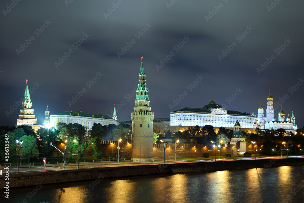 kremlin from river at night in Moscow
