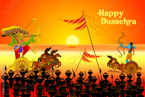 vector illustration of Rama killing Ravana in Happy Dussehra