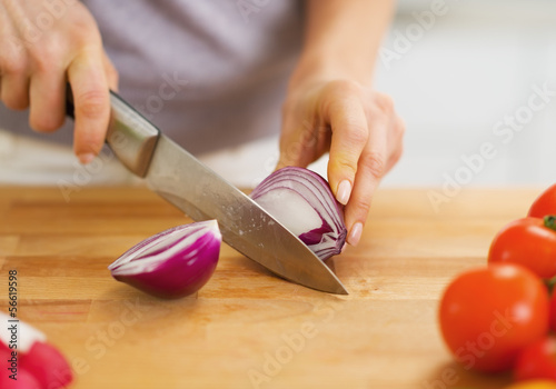 Closeup on woman cutting onion on cutting board