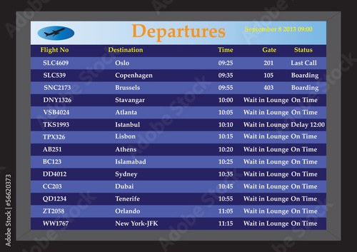 An Airport Departures monitor showing flight times