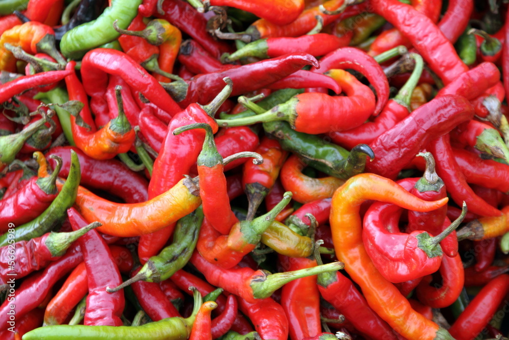 Several red chillies close-up