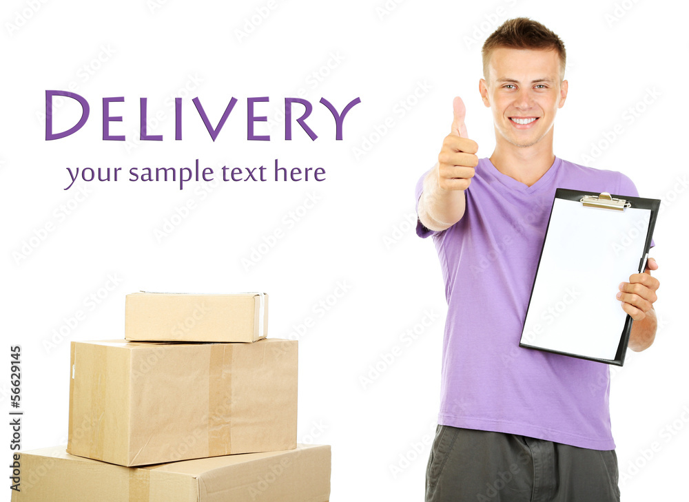 Young delivery man with parcels and clipboard, isolated on Young delivery man with parcels and clipboard, isolated on