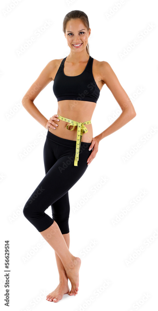Young woman with measuring tape, isolated on white Young woman with measuring tape, isolated on white