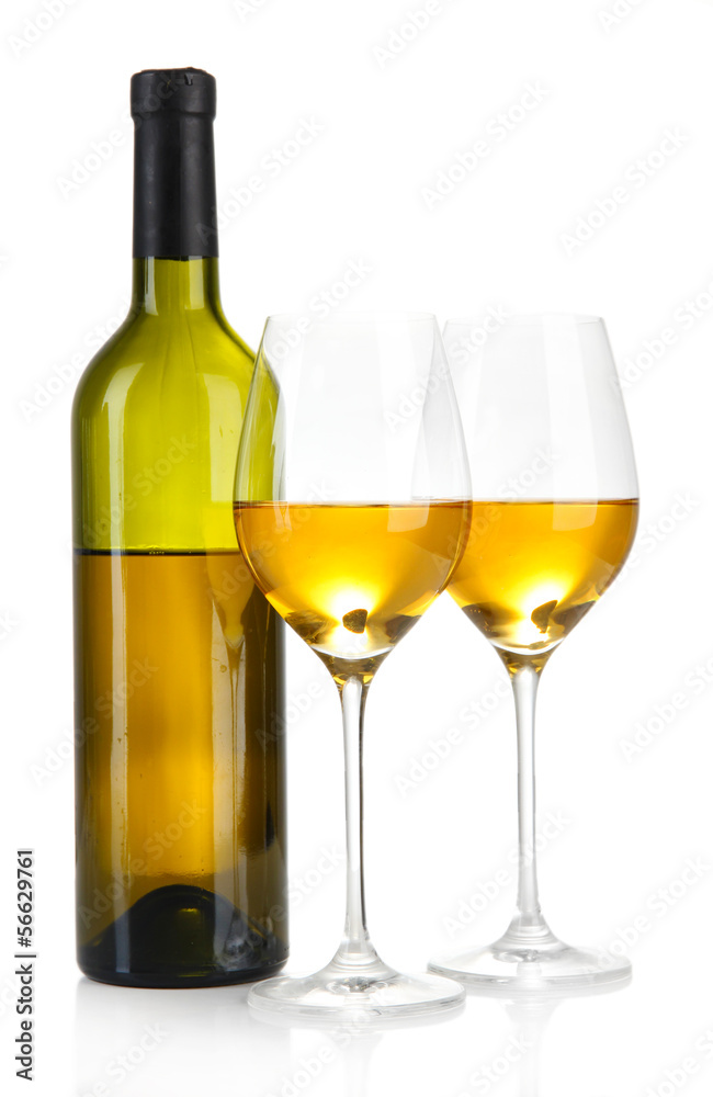 Wine bottle and wineglasses with white wine, isolated on white Wine bottle and wineglasses with white wine, isolated on white