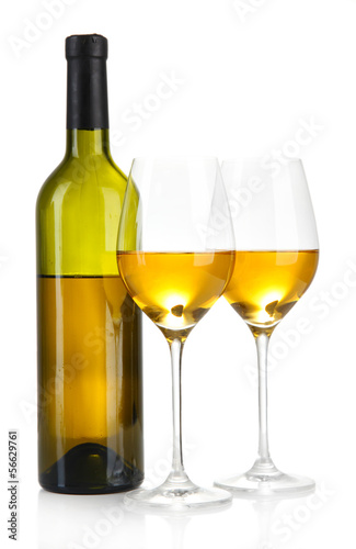 Wine bottle and wineglasses with white wine, isolated on white