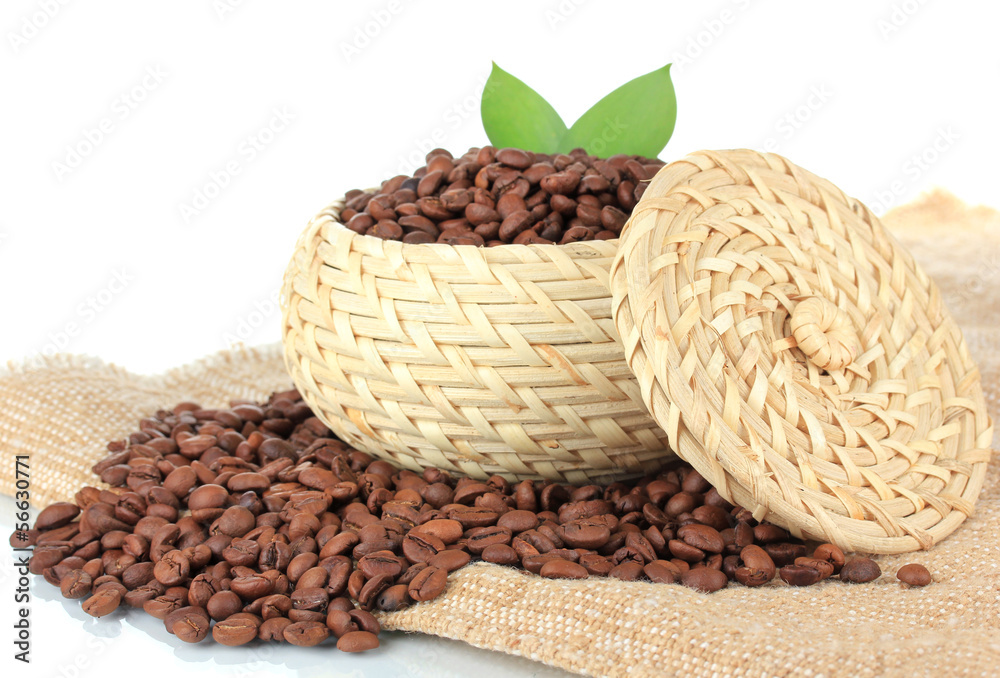 Coffee beans in bowl on white background