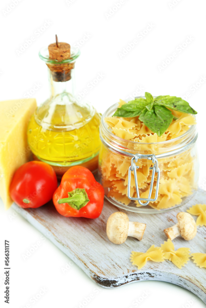 Pasta with oil, cheese and vegetables isolated on white Pasta with oil, cheese and vegetables isolated on white