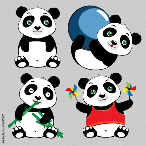 Fototapeta Naklejka Na Ścianę i Meble -  Panda Sit Eat Play Ball Cute Cartoon Set