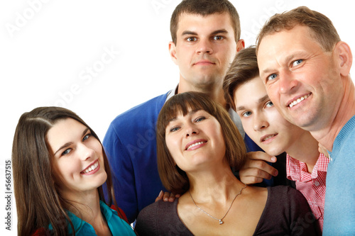 Happy big caucasian family having fun and smiling over white bac