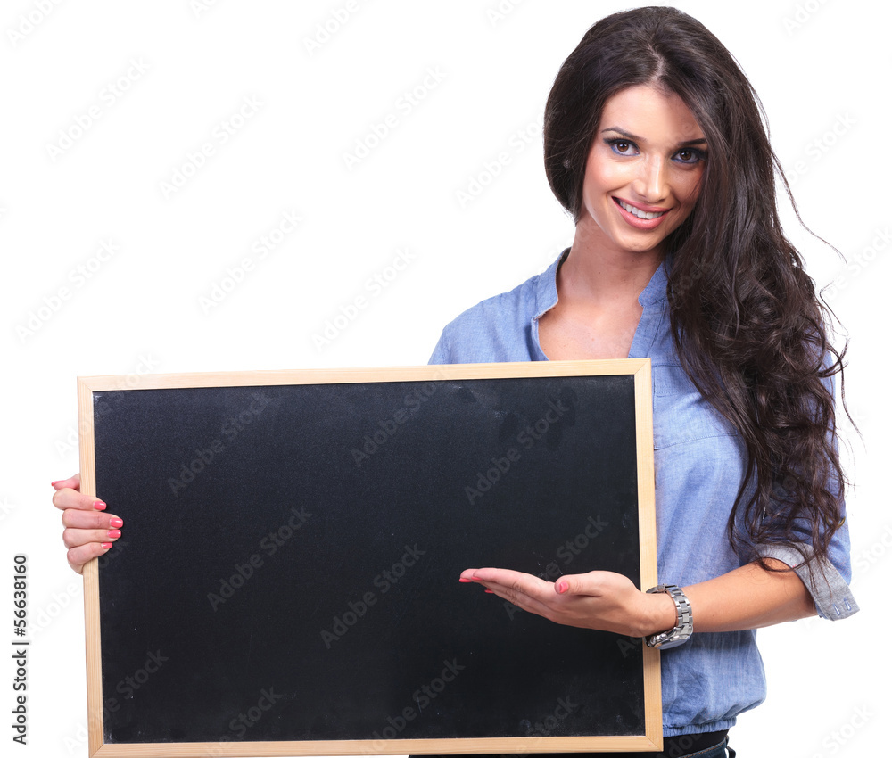 casual woman holding a blackboard casual woman holding a blackboard
