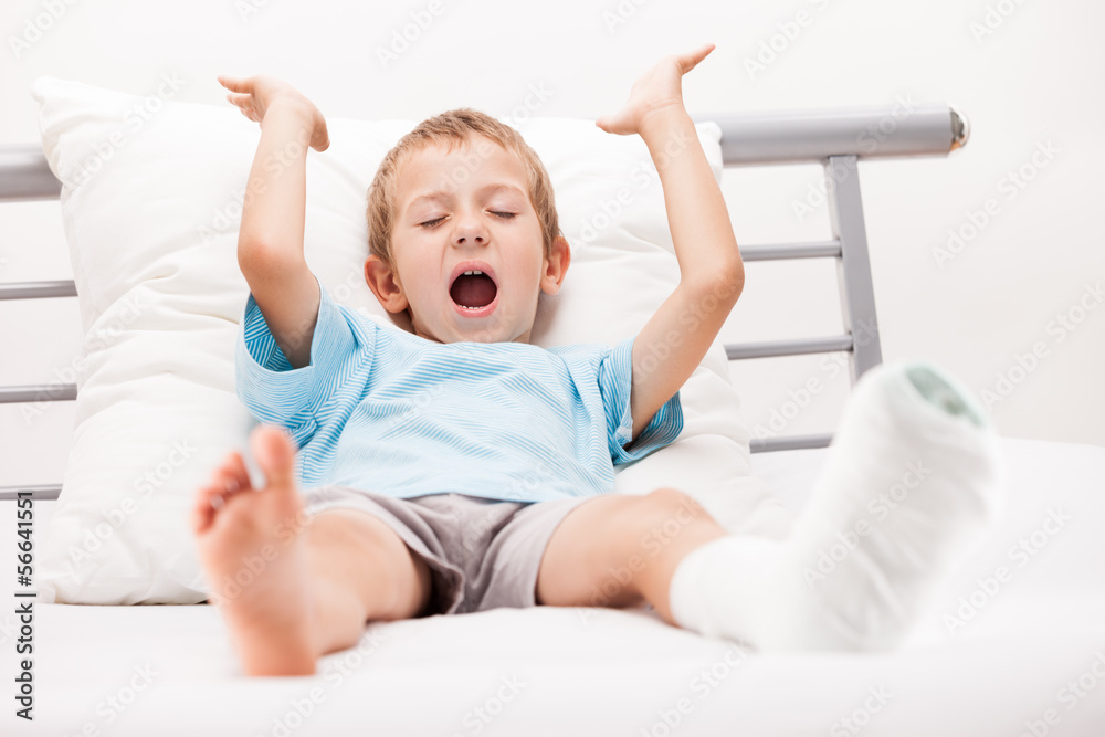 Little child boy with plaster bandage on leg heel fracture or br Little child boy with plaster bandage on leg heel fracture or br
