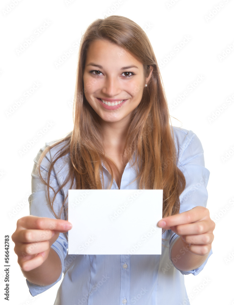 Woman with long blonde hair has a blank gift card in her hands Woman with long blonde hair has a blank gift card in her hands