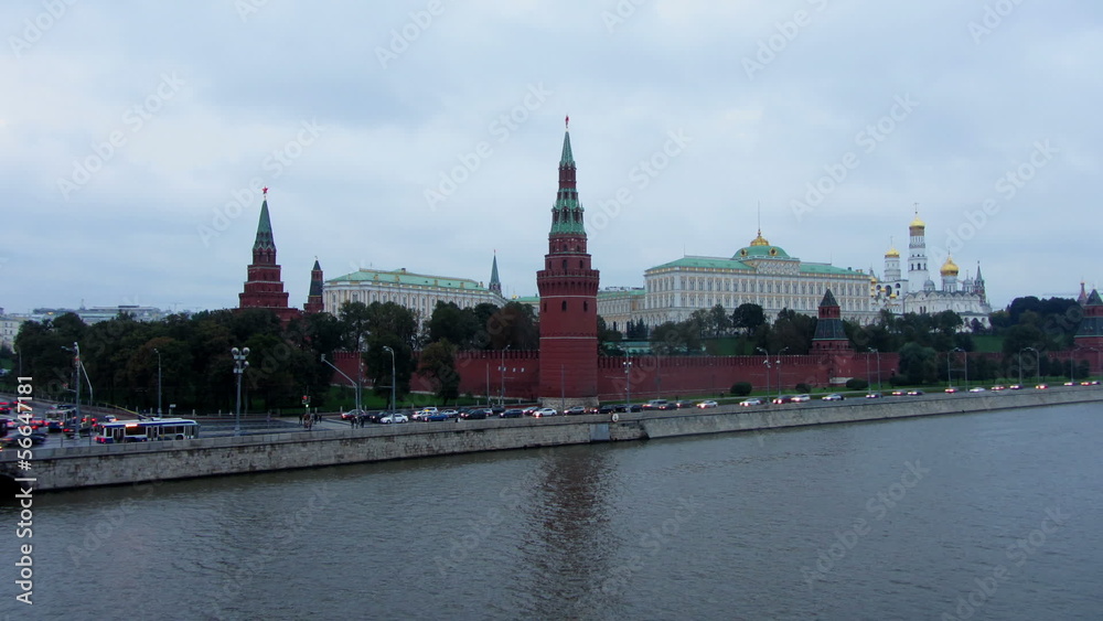 Moscow Kremlin and ships on river - from day to night timelapse Moscow Kremlin and ships on river - from day to night timelapse