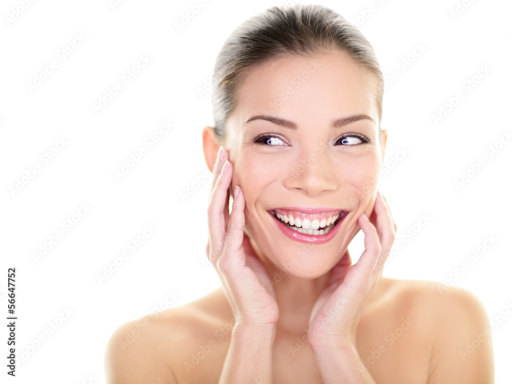 Beauty skin care woman looking to side happy