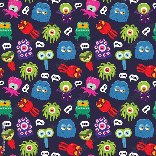 Vector seamless colorful pattern with funny cartoon monsters