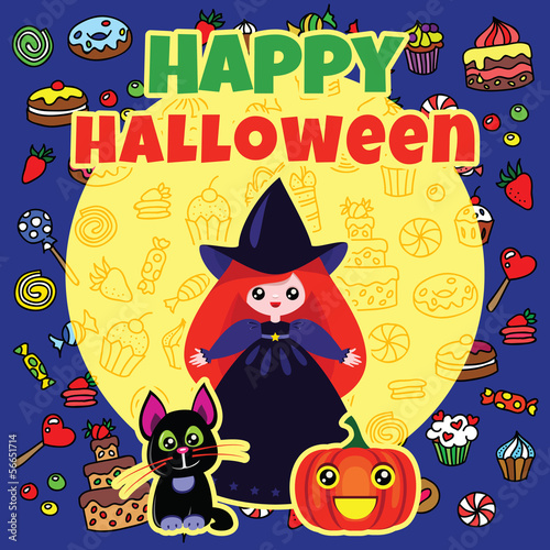 Halloween card with cute little witch, black cat and pumpkin