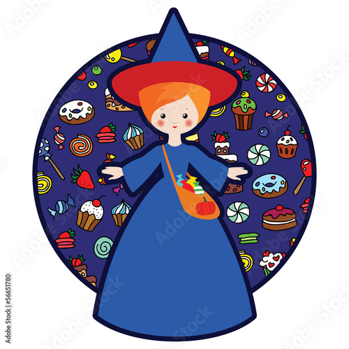 Little cute witch on circle background of sweets.