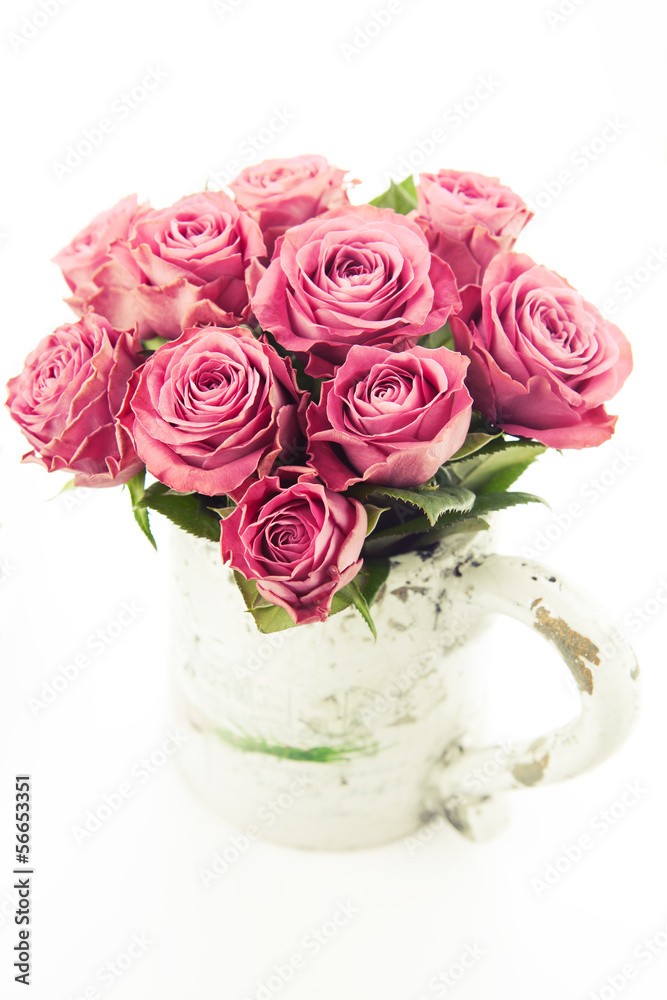 Bouquet of beautiful pink roses on white background, toned. Bouquet of beautiful pink roses on white background, toned.