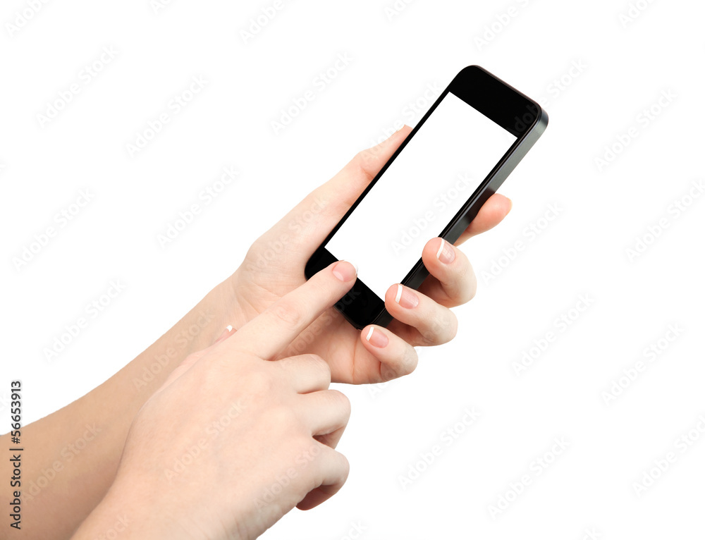 woman hand holding the phone with isolated screen woman hand holding the phone with isolated screen