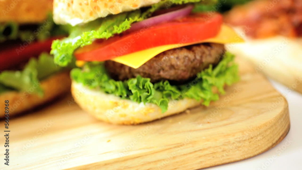 Crunchy Fresh Salad Vegetables Making Classic Cheeseburger Crunchy Fresh Salad Vegetables Making Classic Cheeseburger