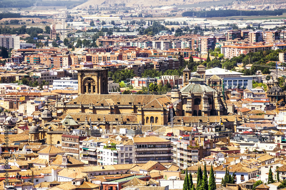 Aerial view of the cathedral, Granada (Andalusia), Spain.